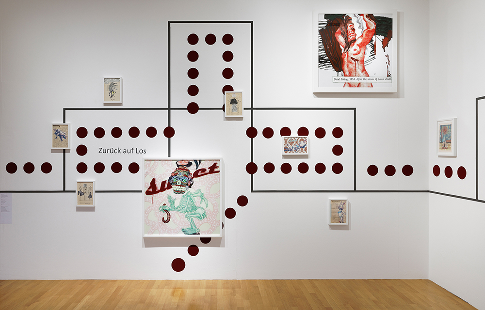 Malerei, Zeichnung und Collage auf Acrylglas: Through the Looking Glass